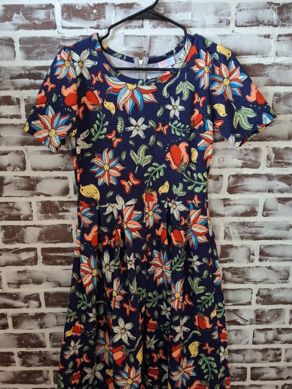 Lularoe Medium Amelia A-Line Dress Blue Floral Birds Short Sleeves